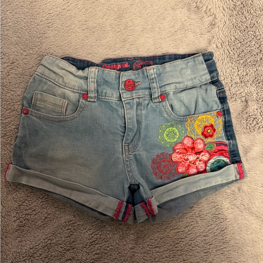 Desigual Girls Jean Shorts - Light Blue with Colorful Embroidery